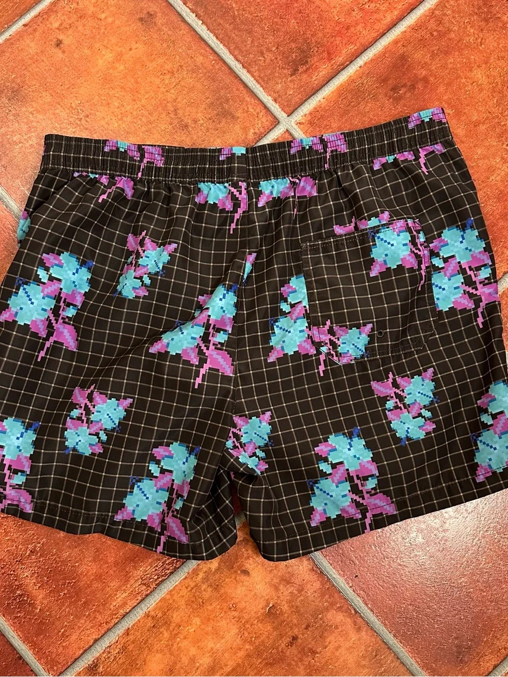 Ksubi Black Pixelated Swim Shorts with Teal & Purple Pixel Accents
